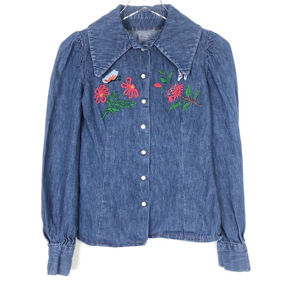 Vintage 1970s Embroidered Denim Shirt Handmade Retro Boho Snap Button XS